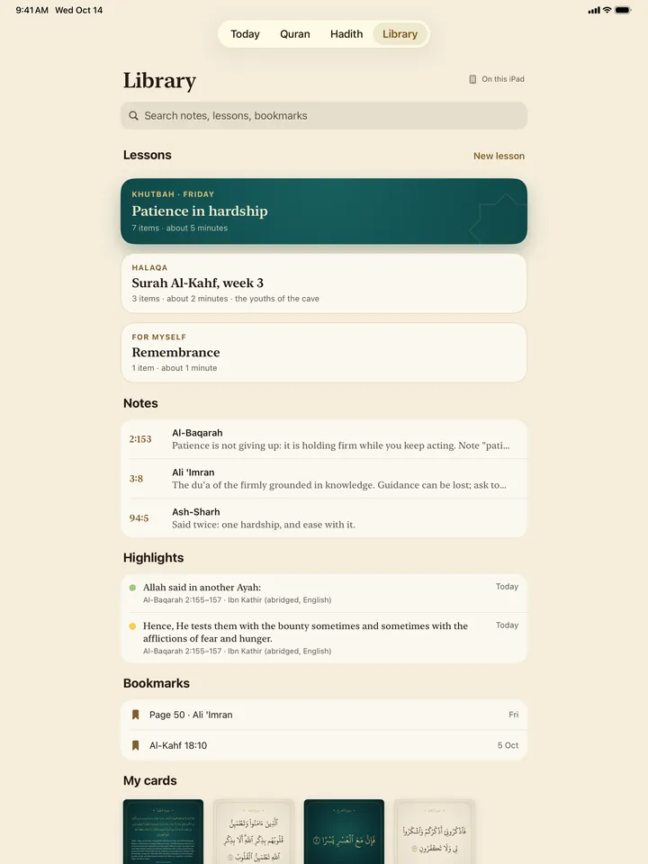 The Library on iPad: lessons, notes, highlights, bookmarks and My cards.